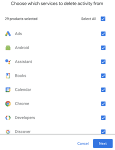 Mensagem do Google antes de excluir