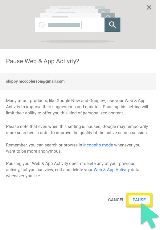 Tela " do Google para pausar atividade& do App?" , com botão"Pausar" destacado.