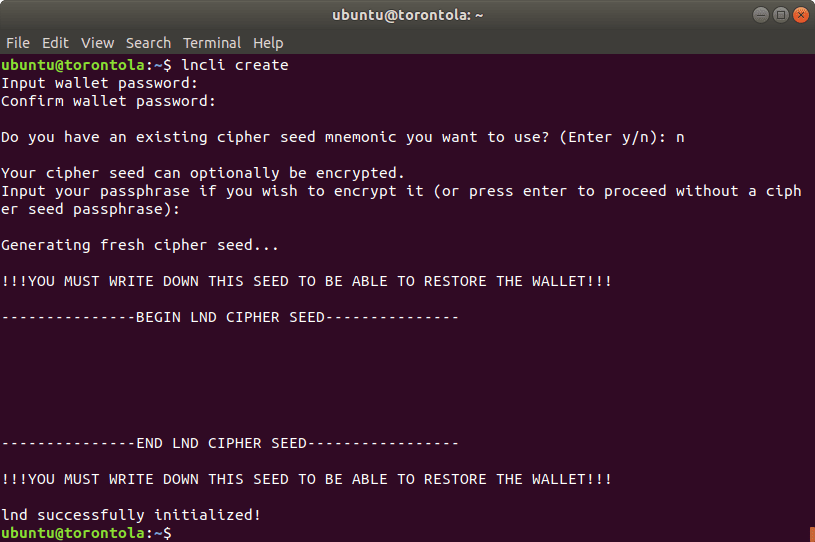A Terminal screenshot of the cipher seed.