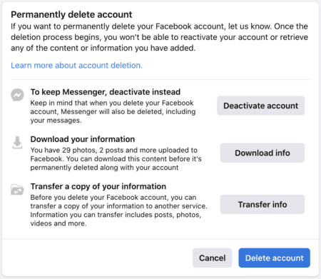 Facebookアカウント削除ページ。