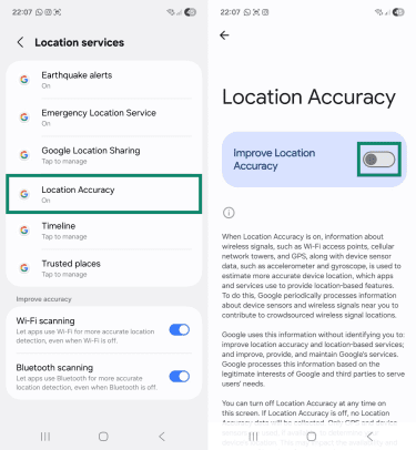 Two Android screenshots side by side showing the "Location services" and "Location Accuracy" pages. The "Location Accuracy" option and the on and off toggle for this setting are highlighted.