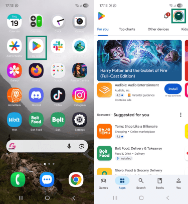 Two Android screenshots side by side, showing a home screen and the main Google Play Store page. The Google Play app on the home screen and the profile icon on the Play Store are highlighted.