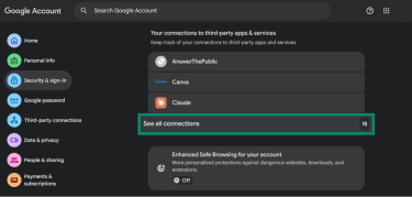 See all connections option under Your connections to third-party apps & services.