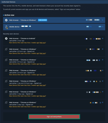 List of connected devices on the Steam account settings page. The "Sign out everywhere" button is highlighted.