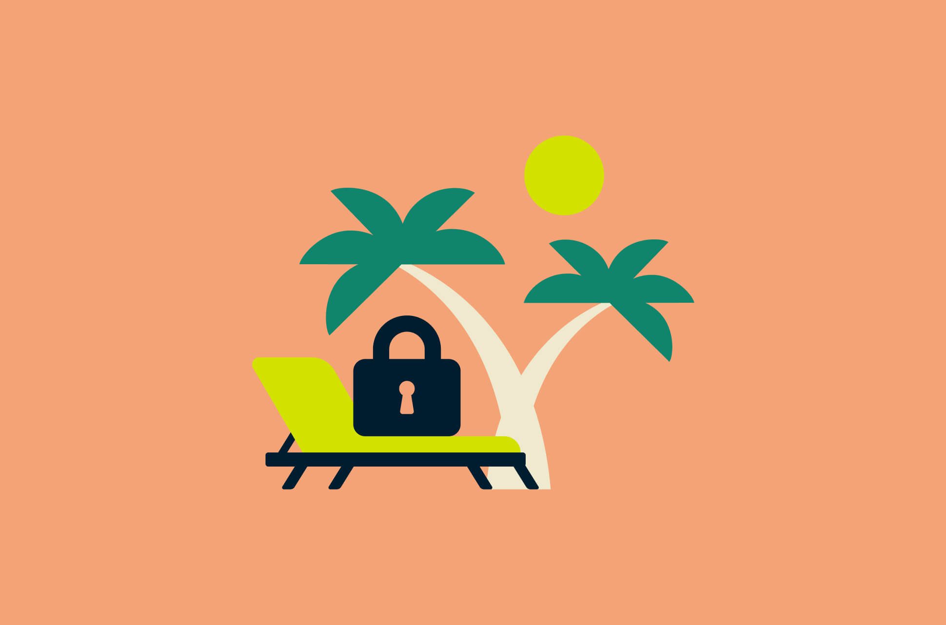 Palm trees, deck chair, and a lock.