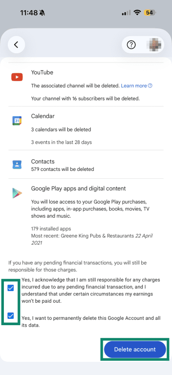 Confirming deletion for a Google account on iOS.