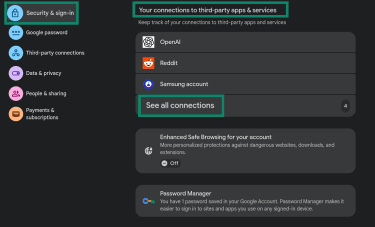 Viewing connected apps and services in a Google account.