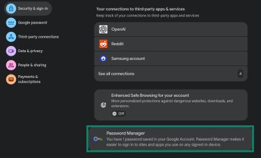 Where to find saved passwords on a Google account.
