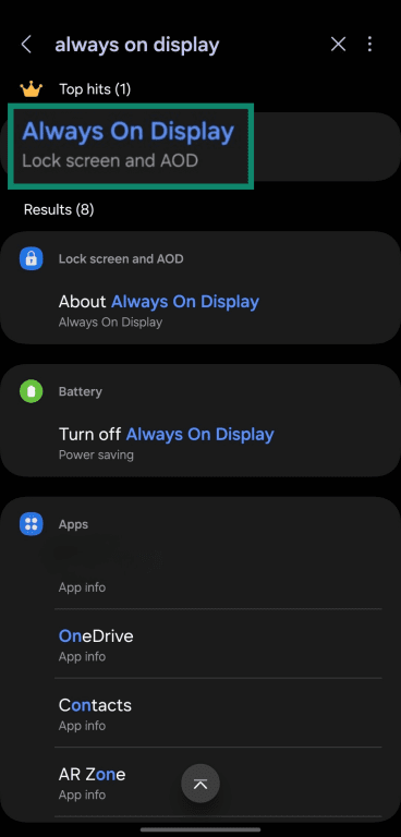 Searching for the Always On Display feature in a Samsung phone's settings menu
