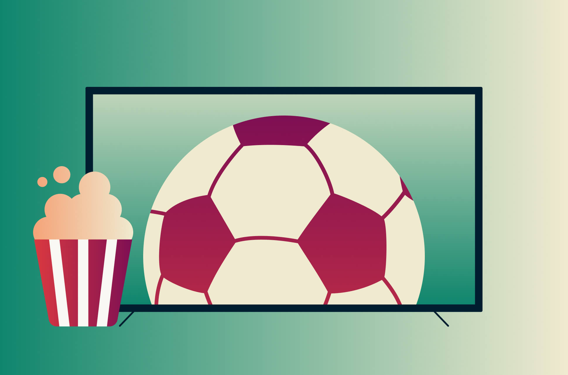 A soccer ball on a TV, with popcorn.