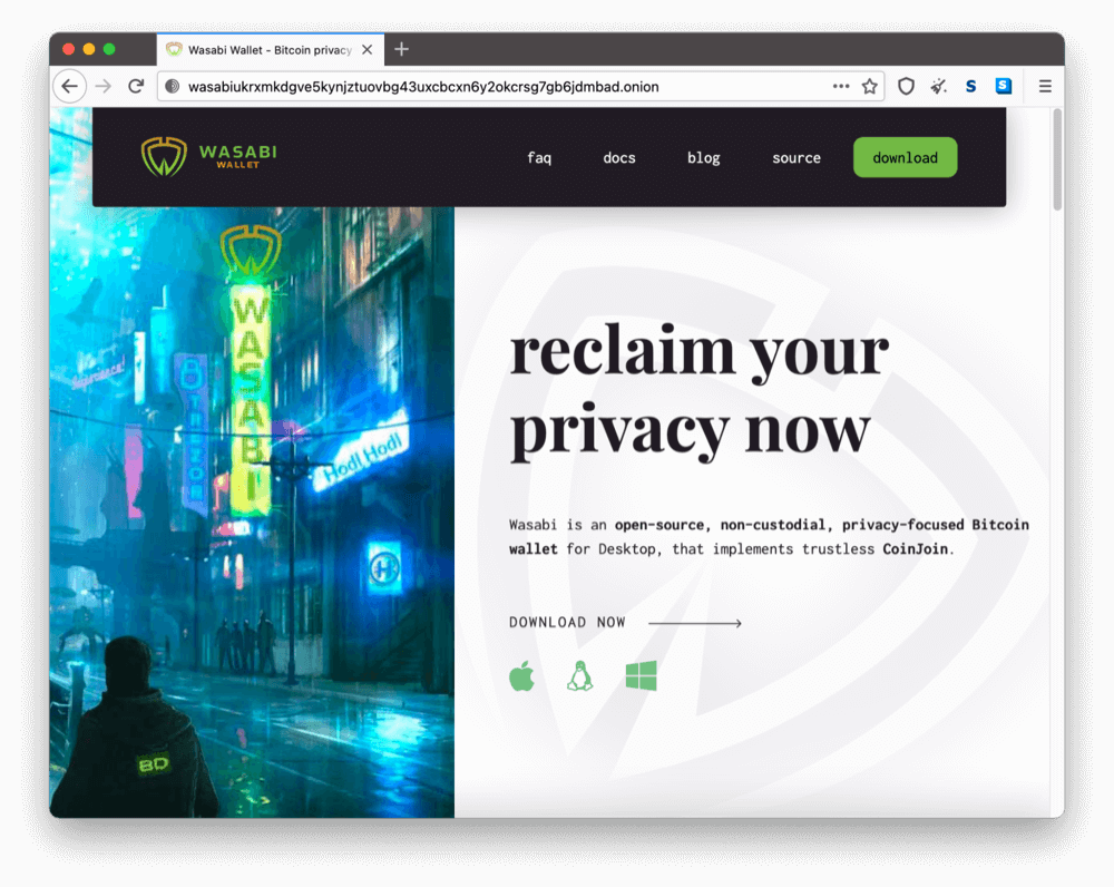 Site onion de Wasabi Wallet sur le dark web