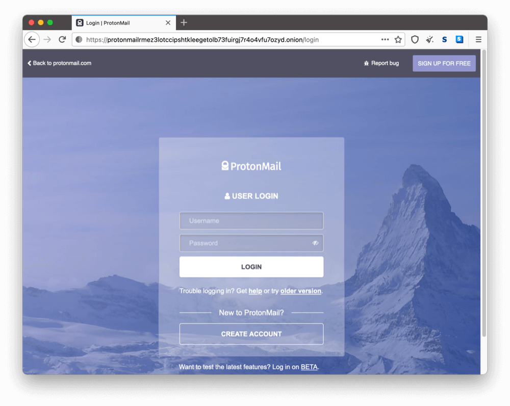 Site onion de ProtonMail sur le dark web