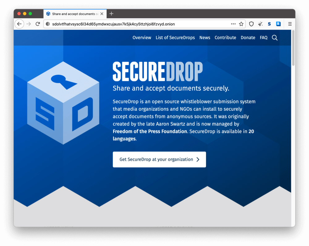 Site onion de SecureDrop sur le dark web