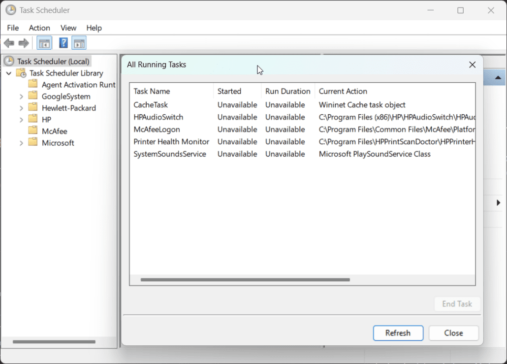Windows Task Scheduler displaying all running tasks.