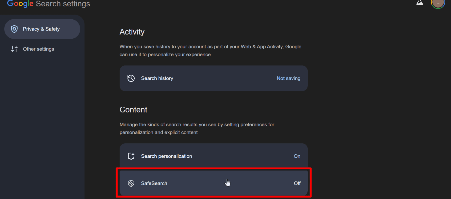 Sélection des paramètres SafeSearch dans les paramètres de recherche Google.