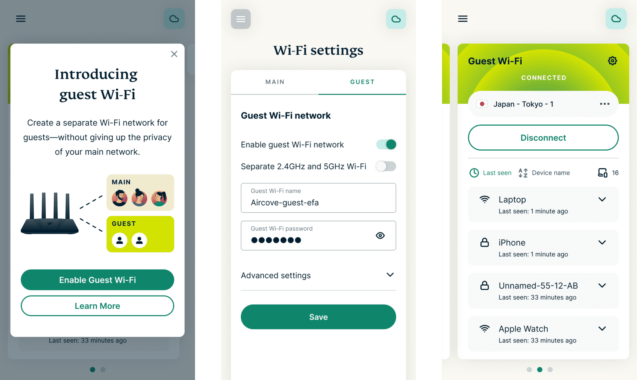Screenshots showing the guest Wi-Fi feature on AircoveOS