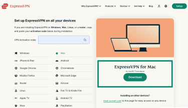 ExpressVPN's set up page, showing a highlighted section for the Download button for the Mac version of the app.