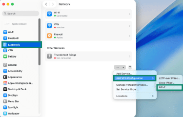 MacOS Network settings, showing a highlighted "Add VPN Configuration" option and the IKEv2 protocol option.