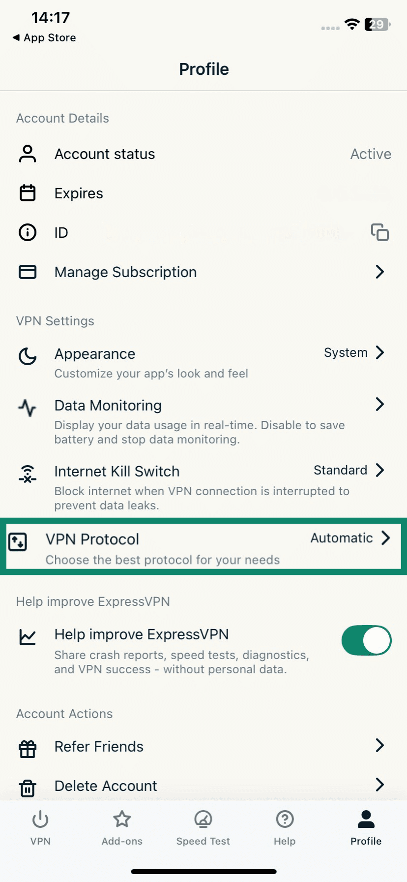 The Profile screen of the ExpressVPN iOS app, showing the VPN protocol option.