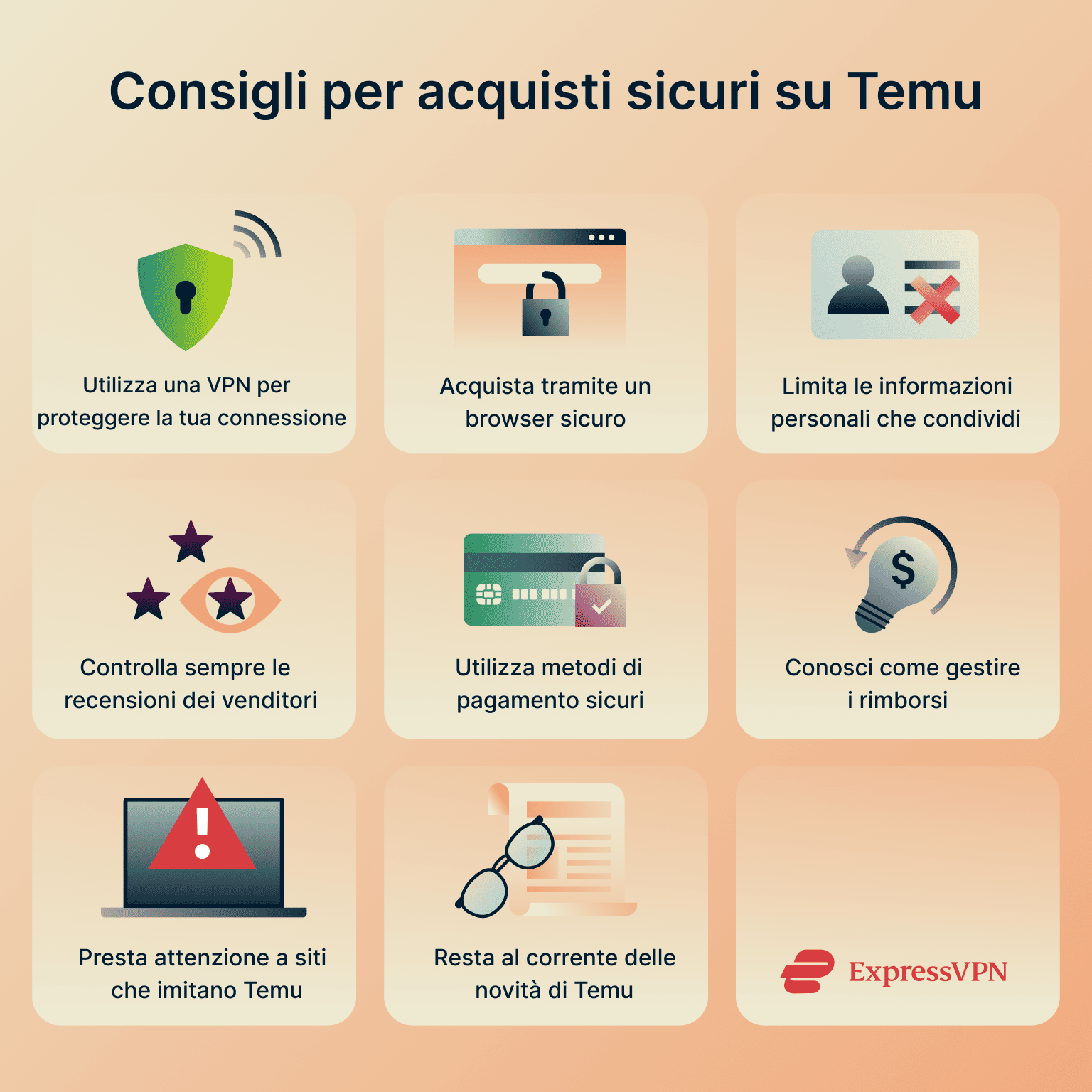 Infographic showing the top tips for safe shopping on Temu.