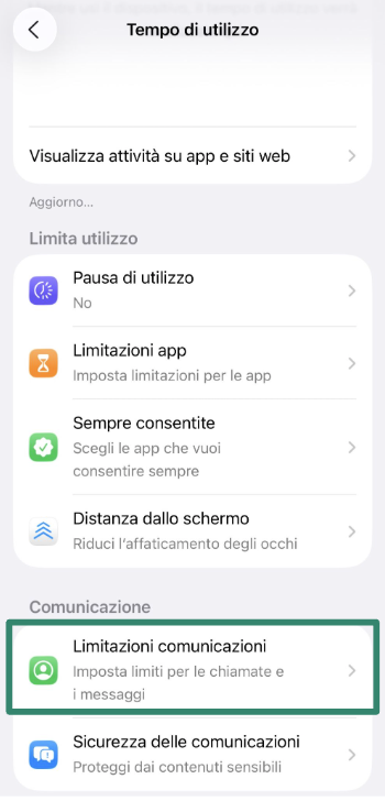 Communication Limits settings for child’s iPhone account.