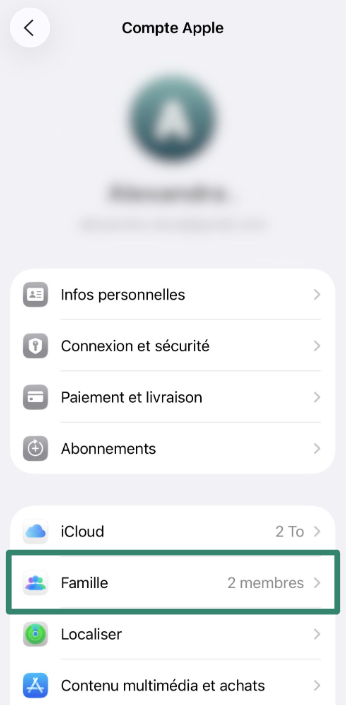 Family menu option shown under Apple ID in iPhone Settings.