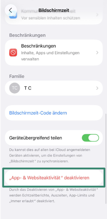 Option to turn off App & Website Activity in Screen Time settings.