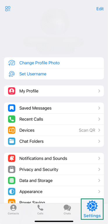 Telegram app settings page showing profile, privacy, and security options.