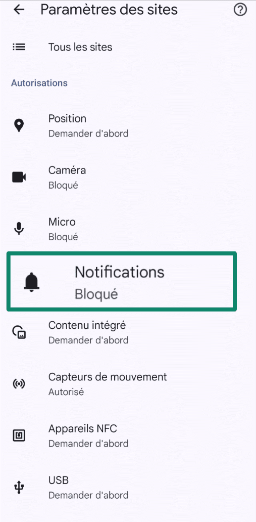 Chrome settings showing Notifications option.