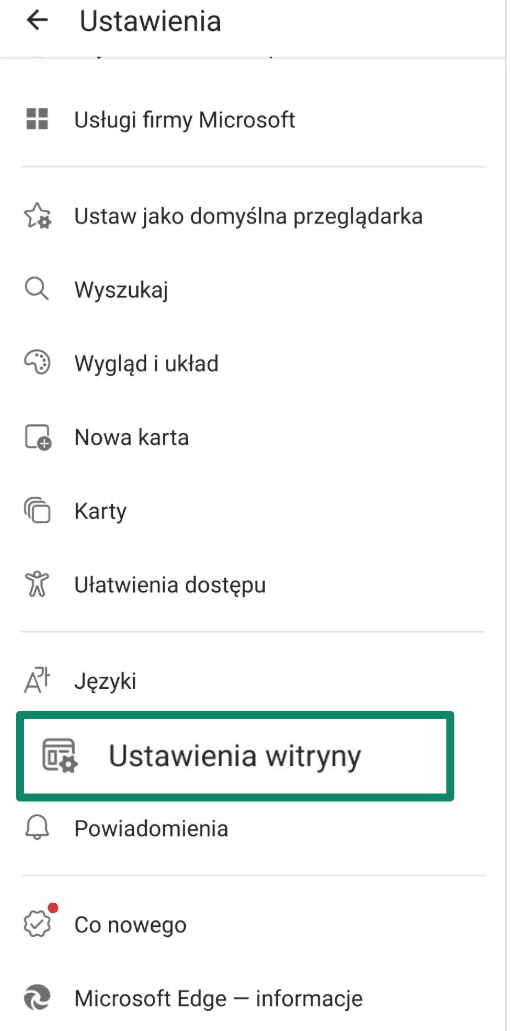 Edge browser settings screen with Site settings option highlighted.