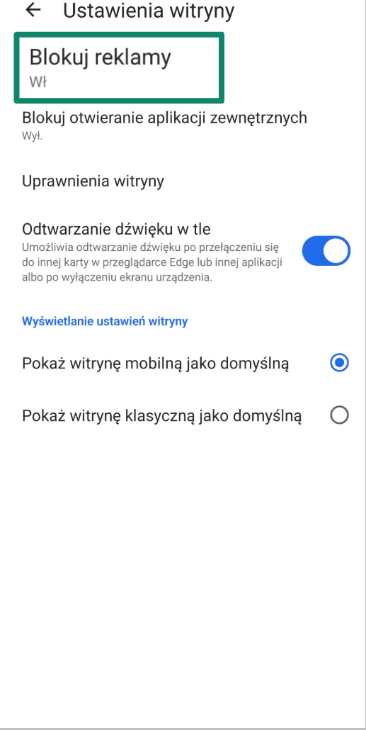 Edge site settings screen with the Block ads option toggled on.