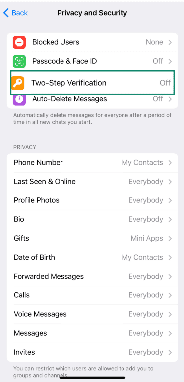 Telegram's Privacy and Security settings highlighting Two-Step Verification.