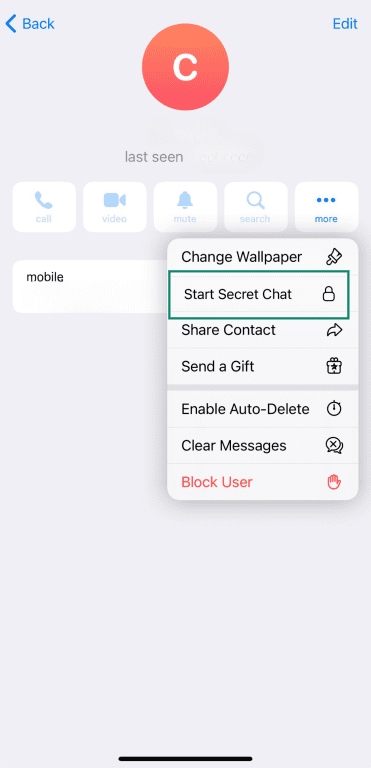Start Secret Chat option in Telegram profile.