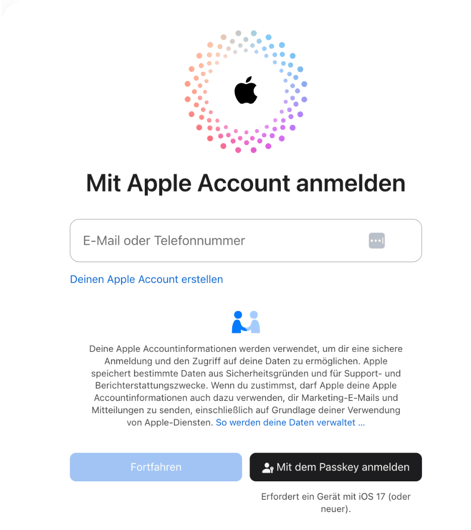 The Apple ID sign-in page, showing the input field for an Apple ID and login options.