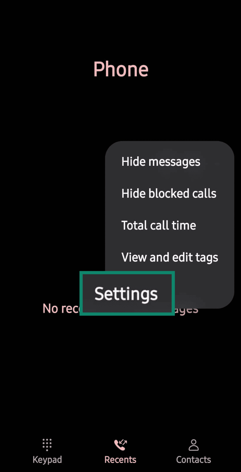 Android phone options menu with the “Settings” button highlighted.