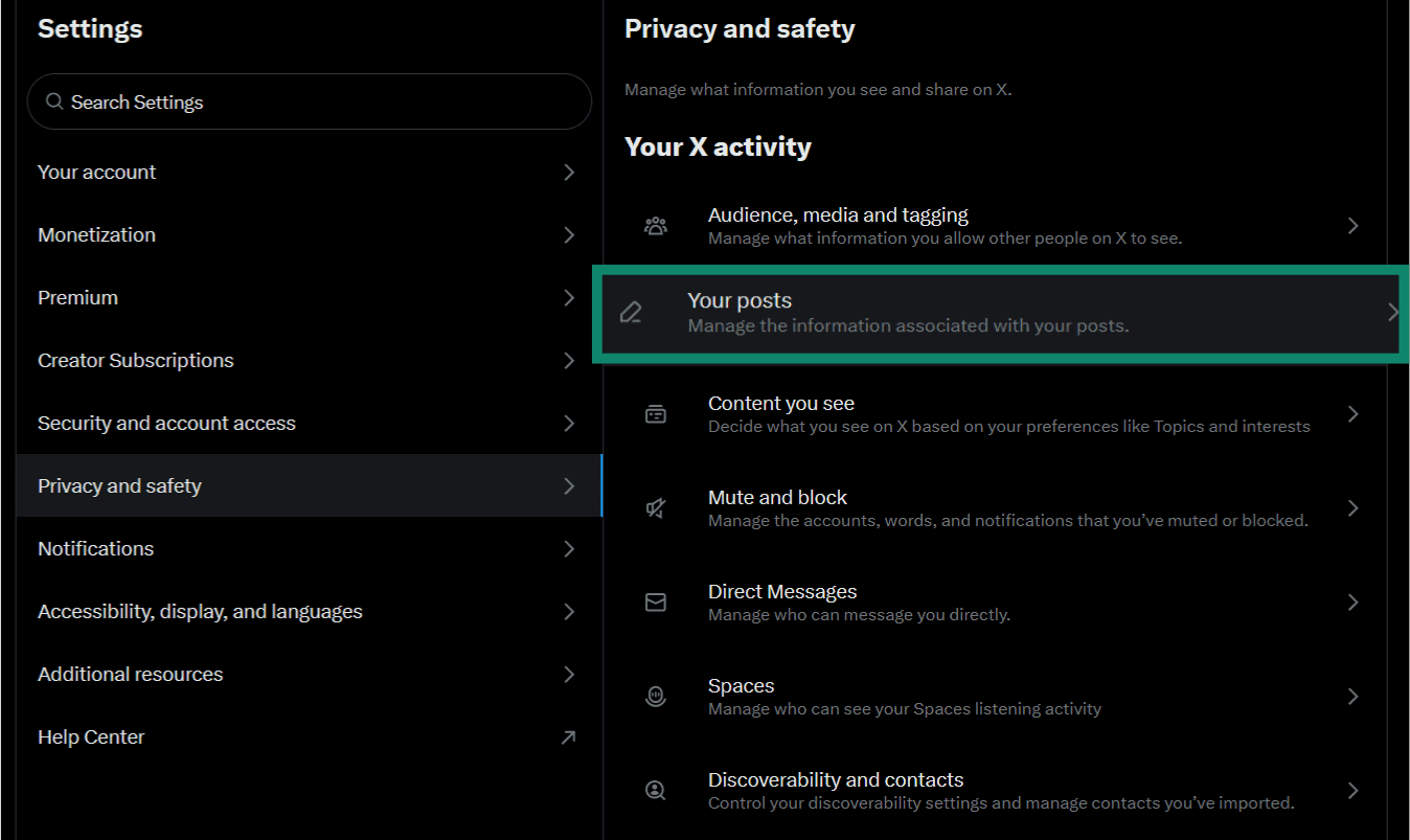 The Privacy and safety page of the Twitter settings, showing the Your posts option.