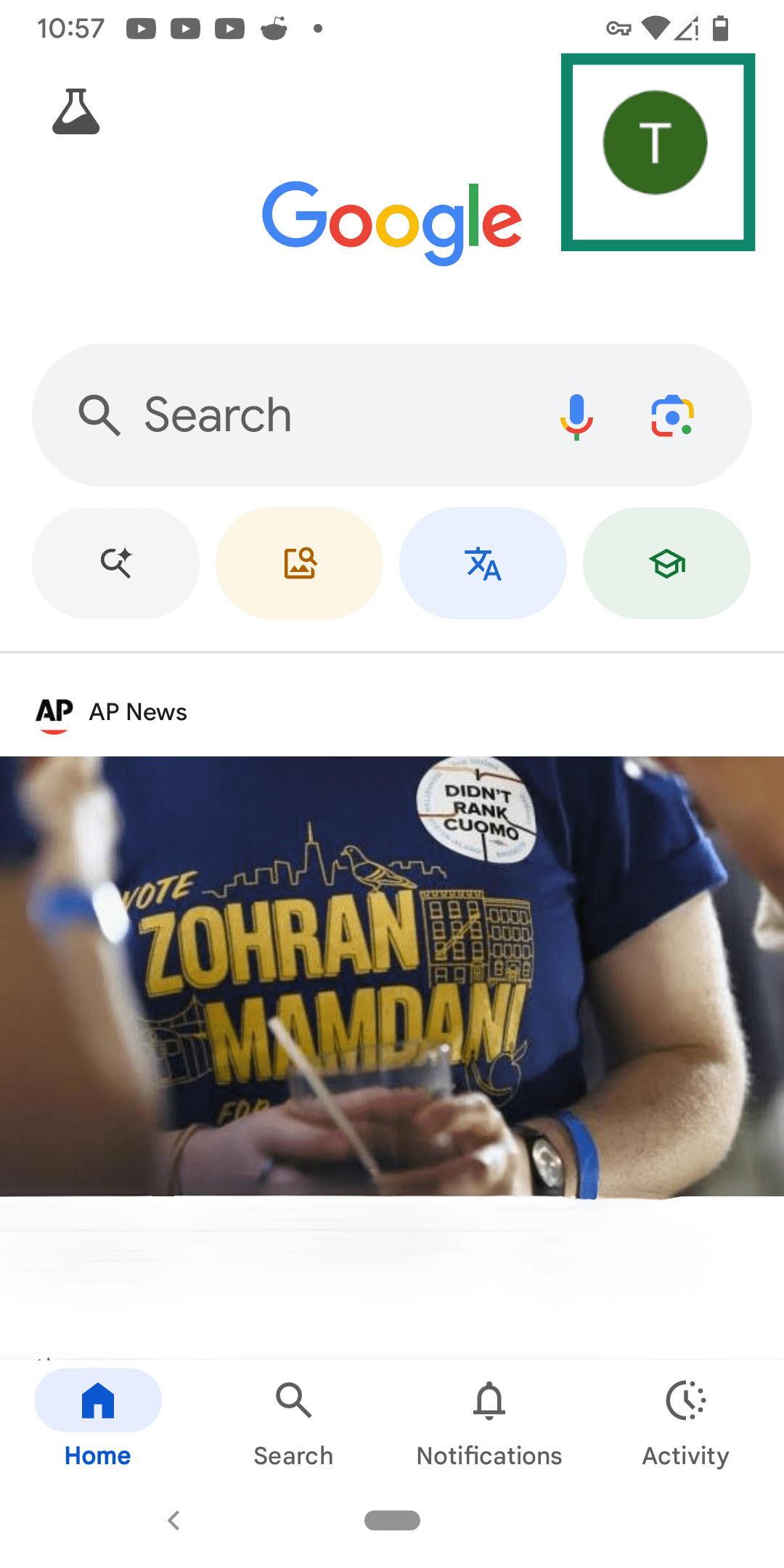 The Google homepage, highlighting the user profile