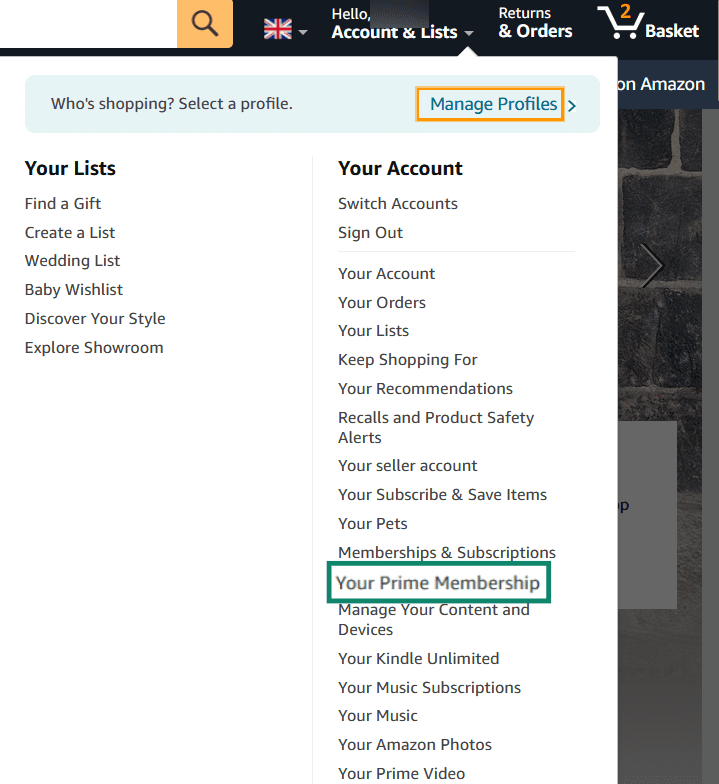 Accessing Prime membership details on Amazon website.
