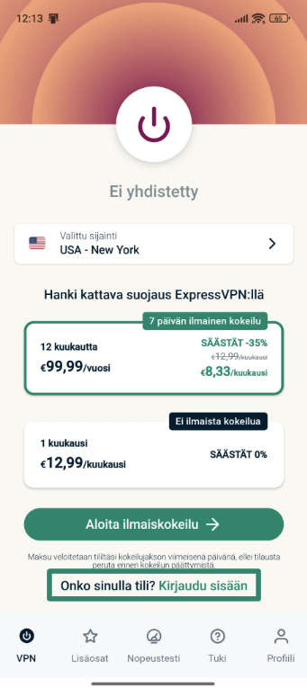 Signing into ExpressVPN on Android.