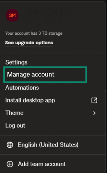 Dropbox settings dropdown menu.