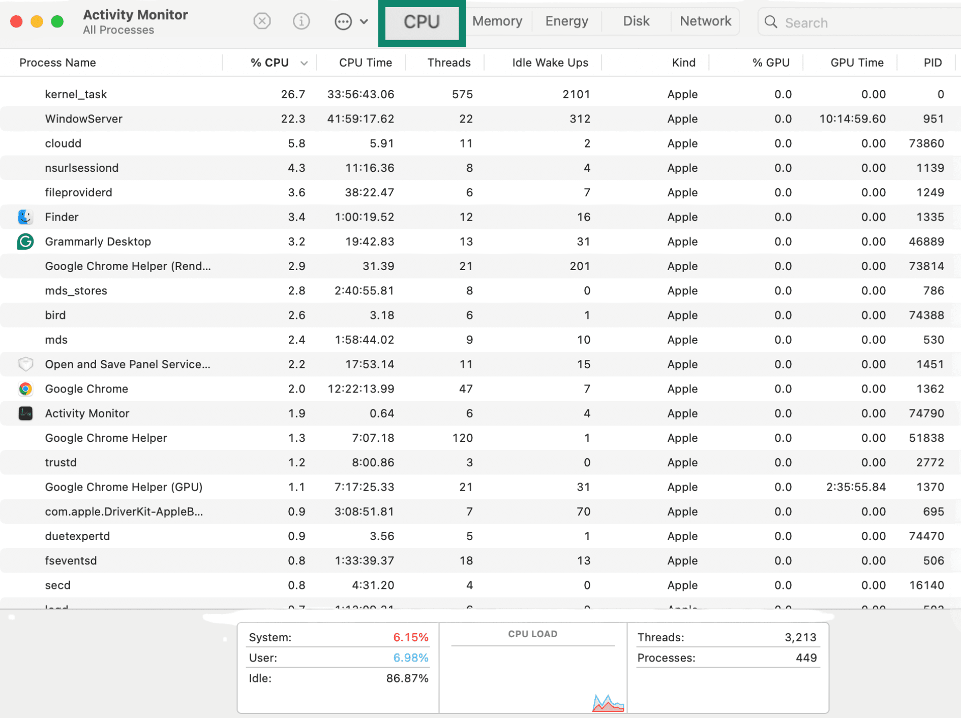 CPU tab selected in Mac Activity Monitor showing running processes.
