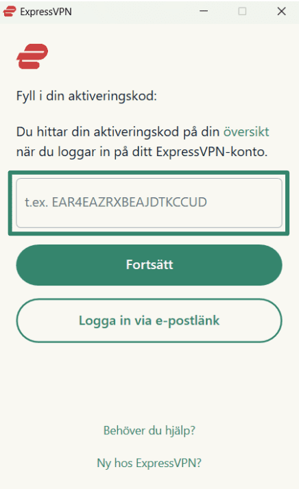 Logging into ExpressVPN on Windows using activation code.