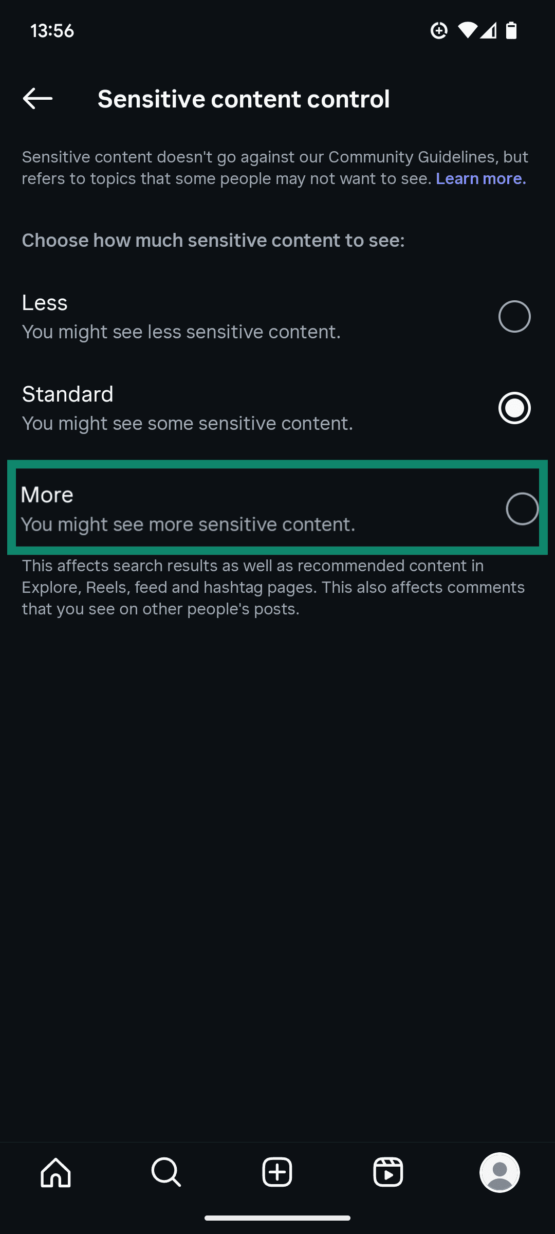The Sensitive content menu of the Instagram app, showing options to view standard amounts of sensitive content or more content.