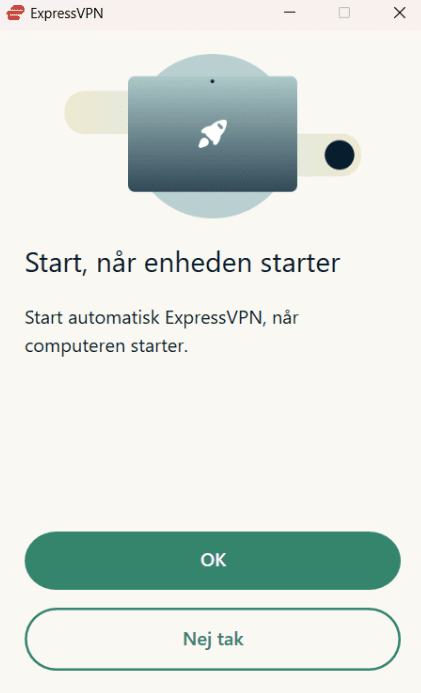 ExpressVPN på Windows, der spørger om appen skal starte automatisk ved Windows' opstart.