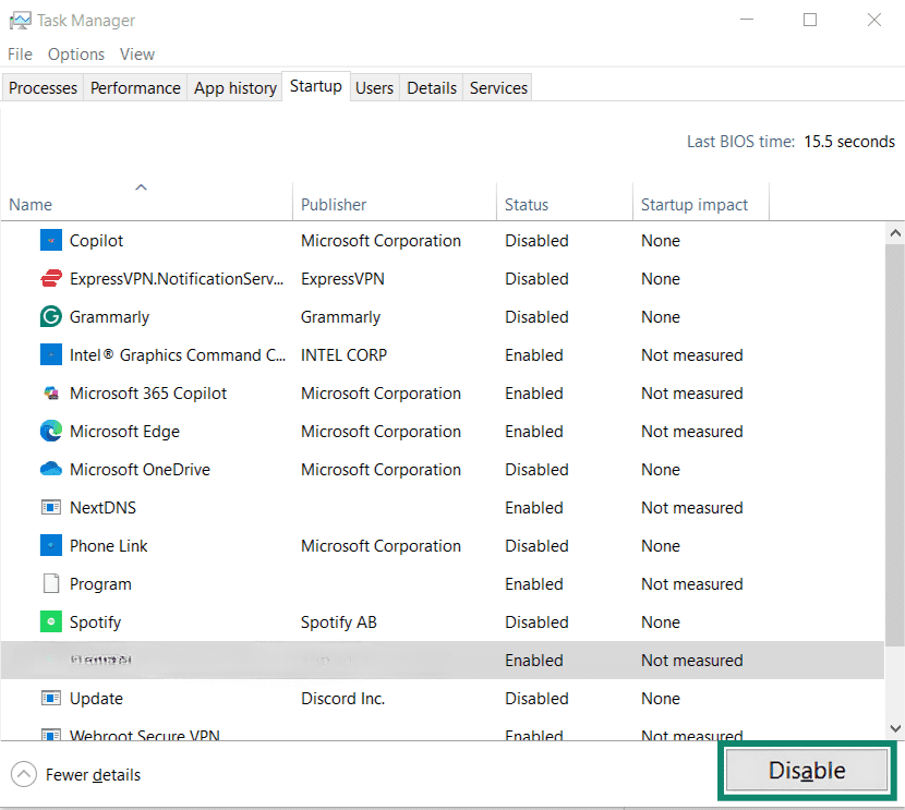 Disabling a Windows Startup app.