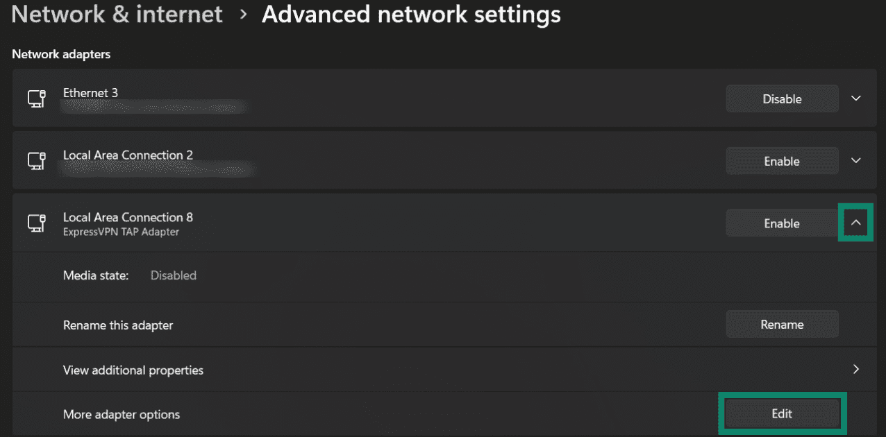 Accessing ExpressVPN TAP Adapter settings on Windows.