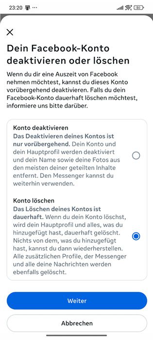 Facebook Android app selection screen for deactivating or deleting your Facebook account.