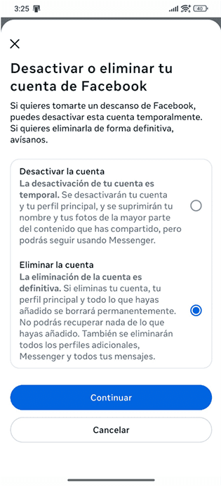 Facebook Android app selection screen for deactivating or deleting your Facebook account.