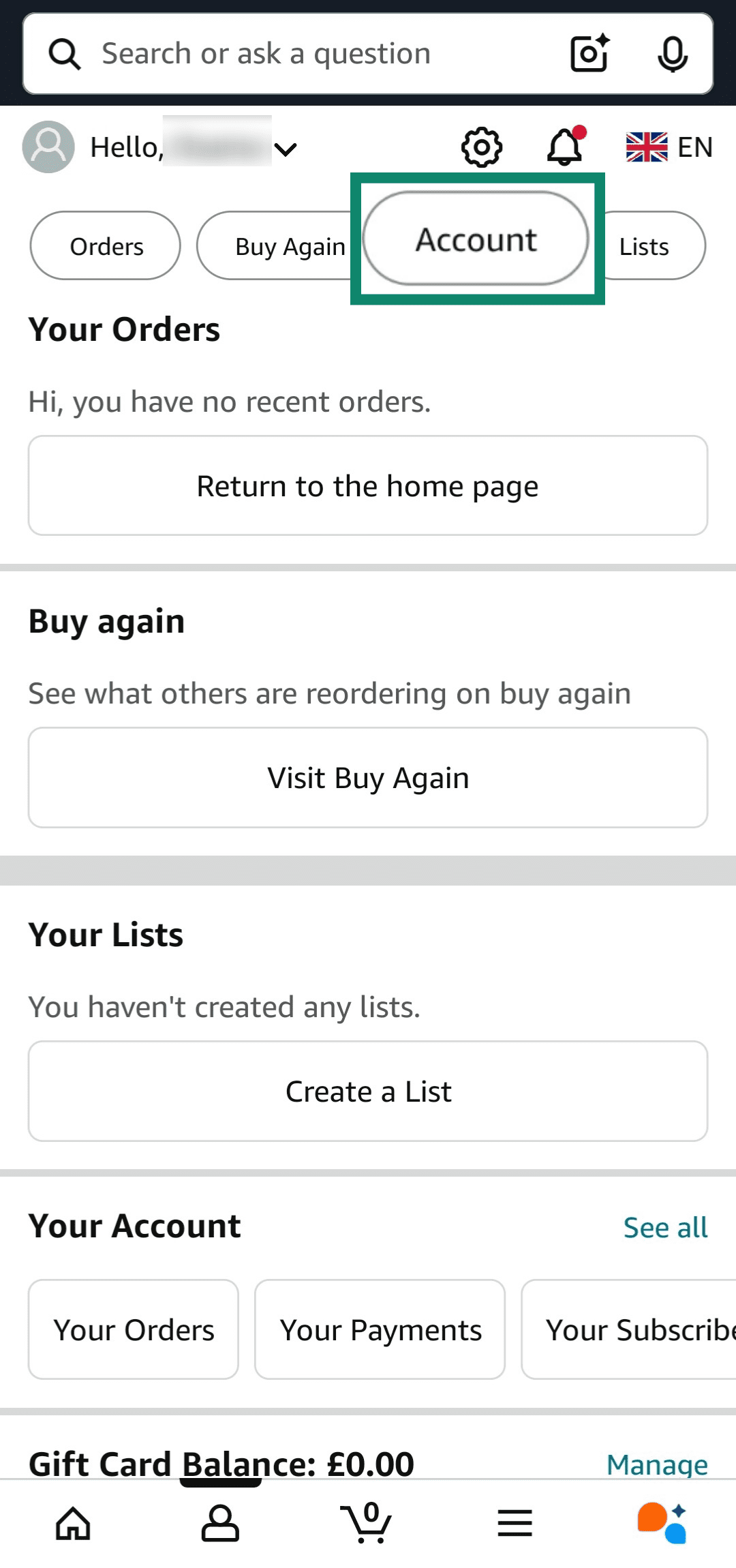 Accessing the Account menu on Amazon app.