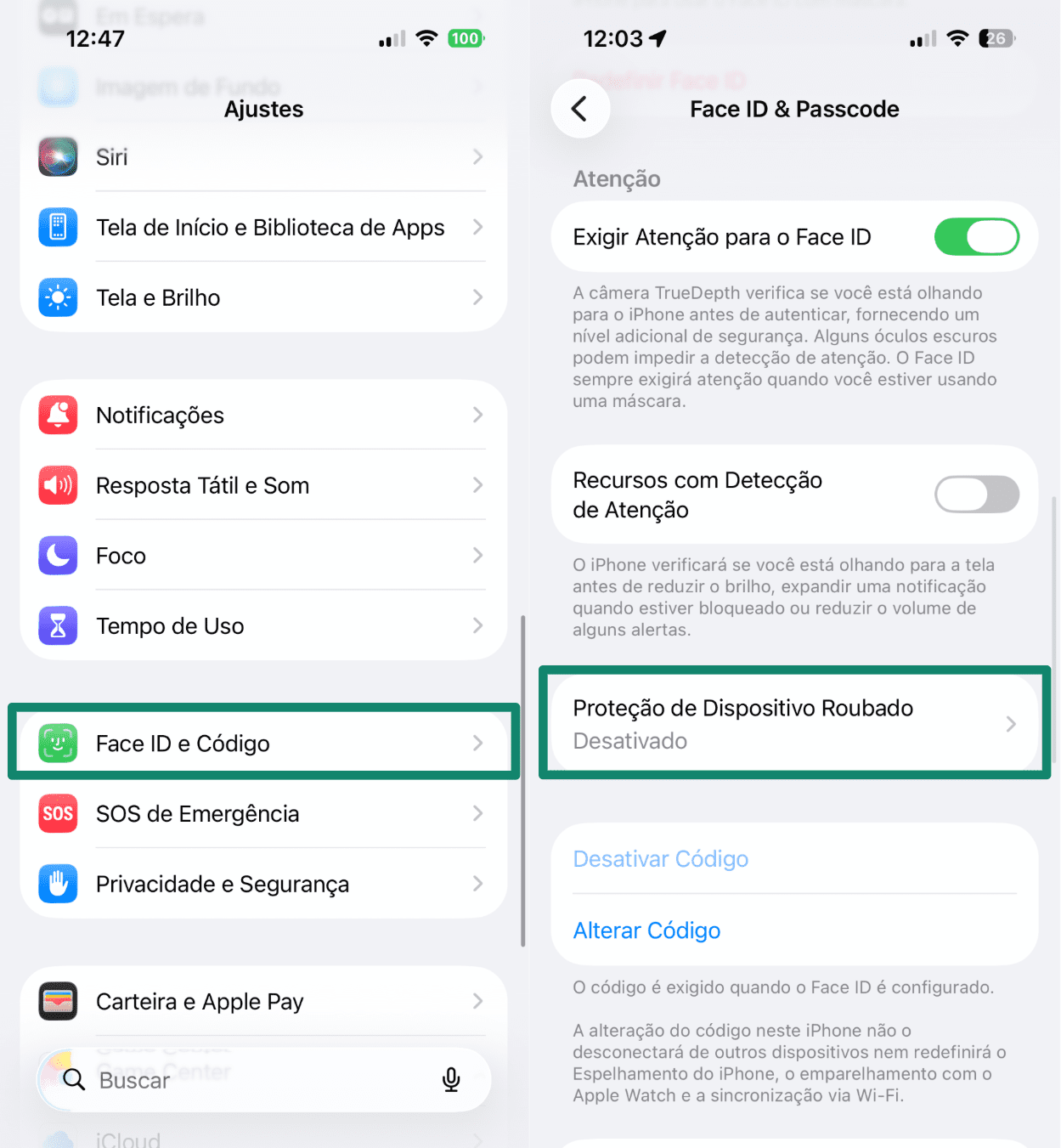 Two side-by-side screenshots of iPhone Settings. The left screenshot highlights 